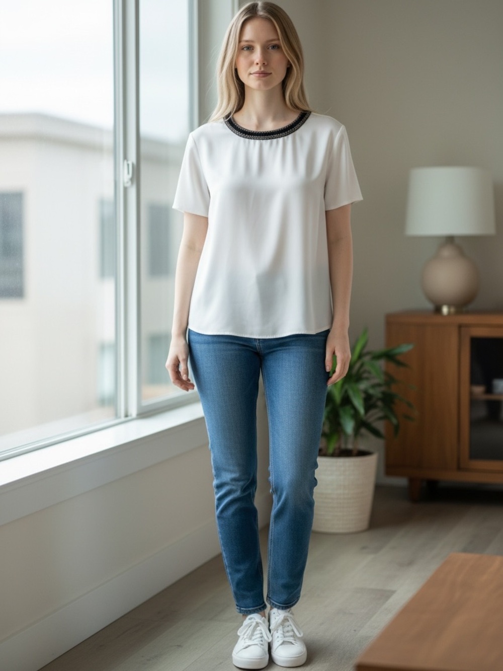 St. John White Short-Sleeve Top with Black Beaded Neckline